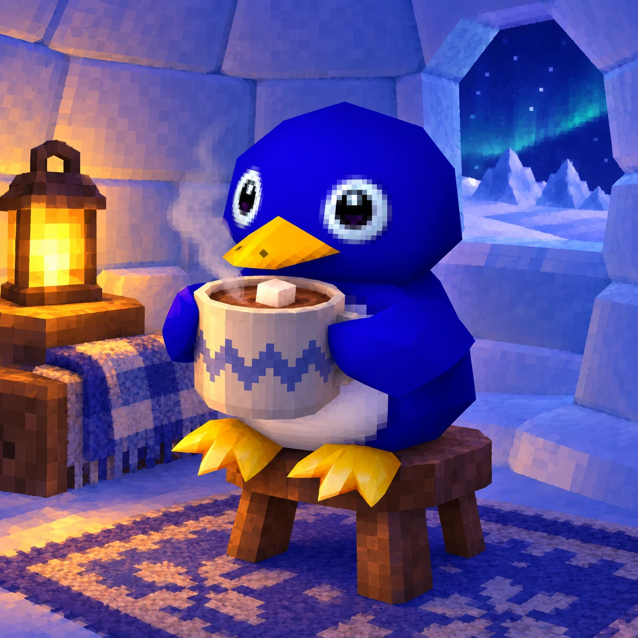 PENG enjoying cocoa in his igloo