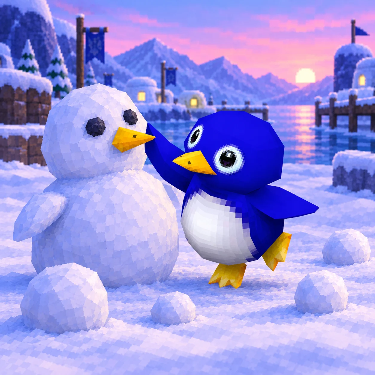 PENG building a snow friend